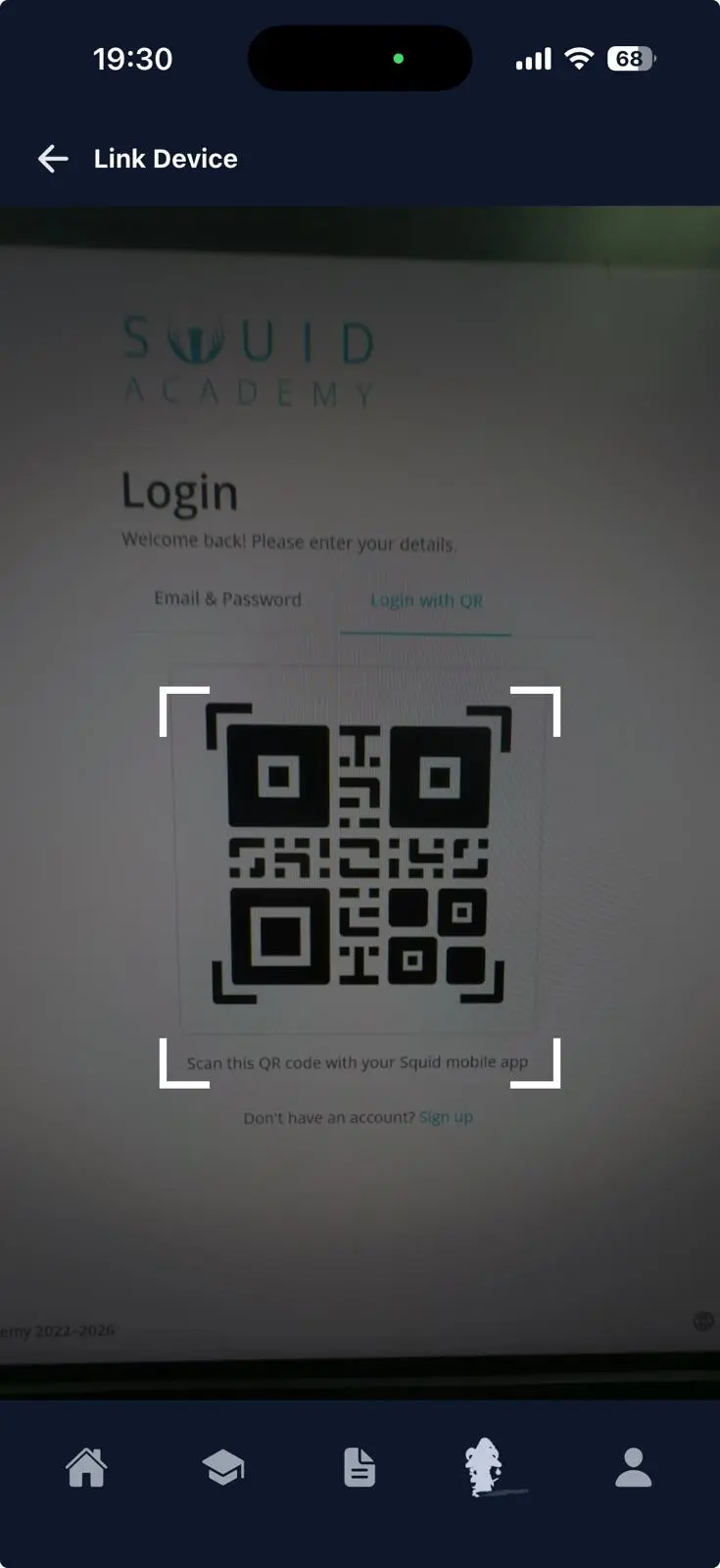QR code login screen on Squid Academy mobile app