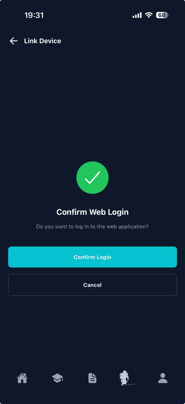 Confirm web login screen on Squid Academy mobile app