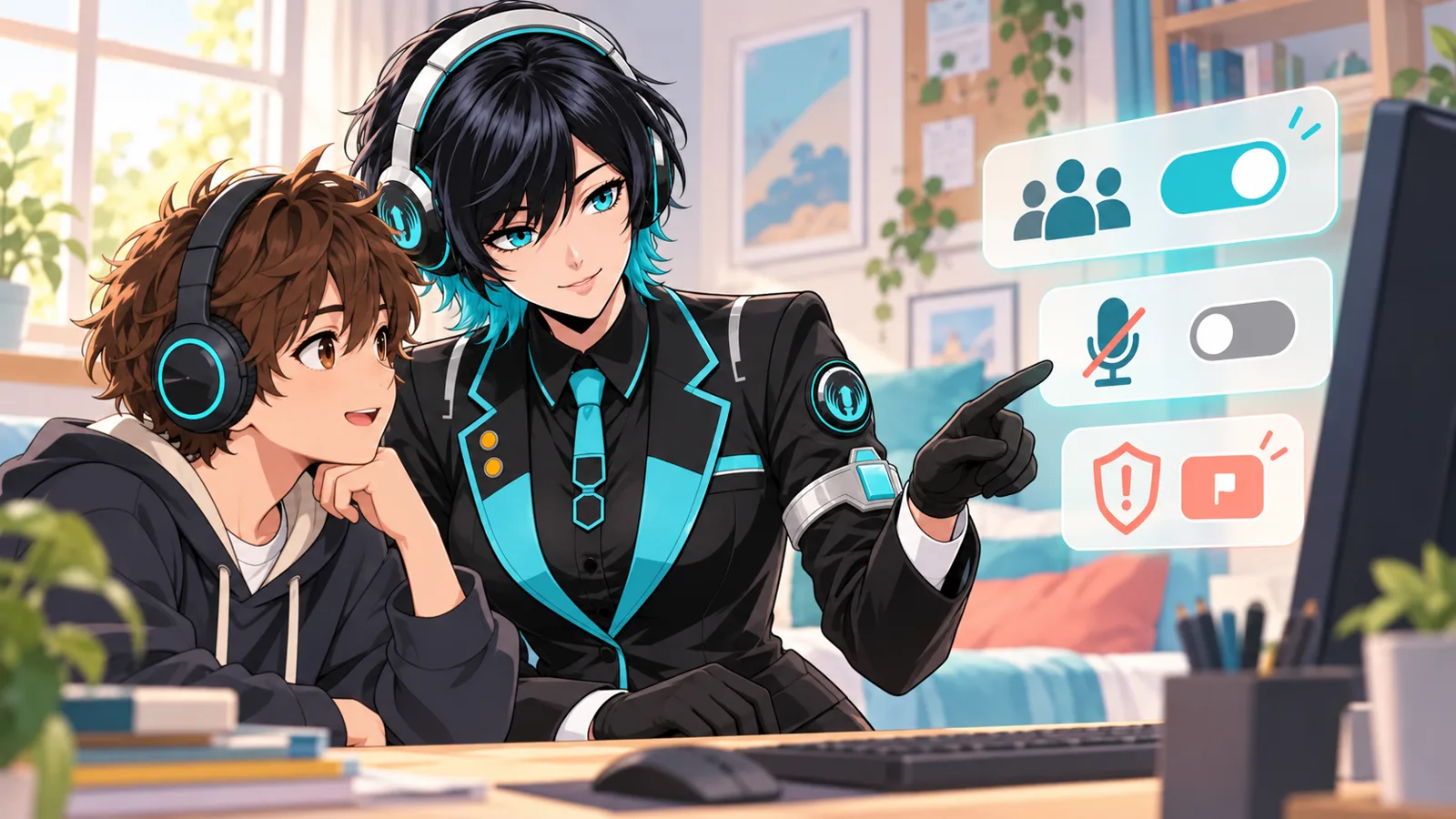 Tenkai showing a young player how to manage voice chat, mute and reporting controls in VALORANT