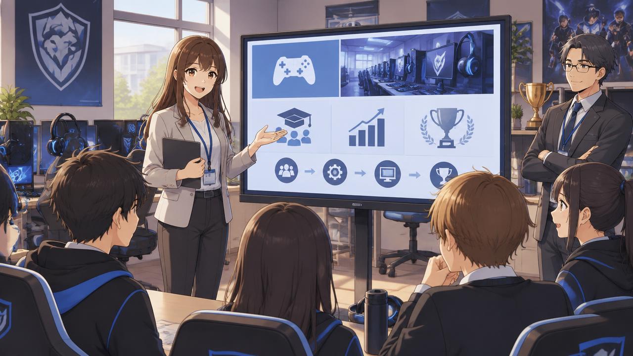 School esports coordinator presenting a program plan to students and a teacher