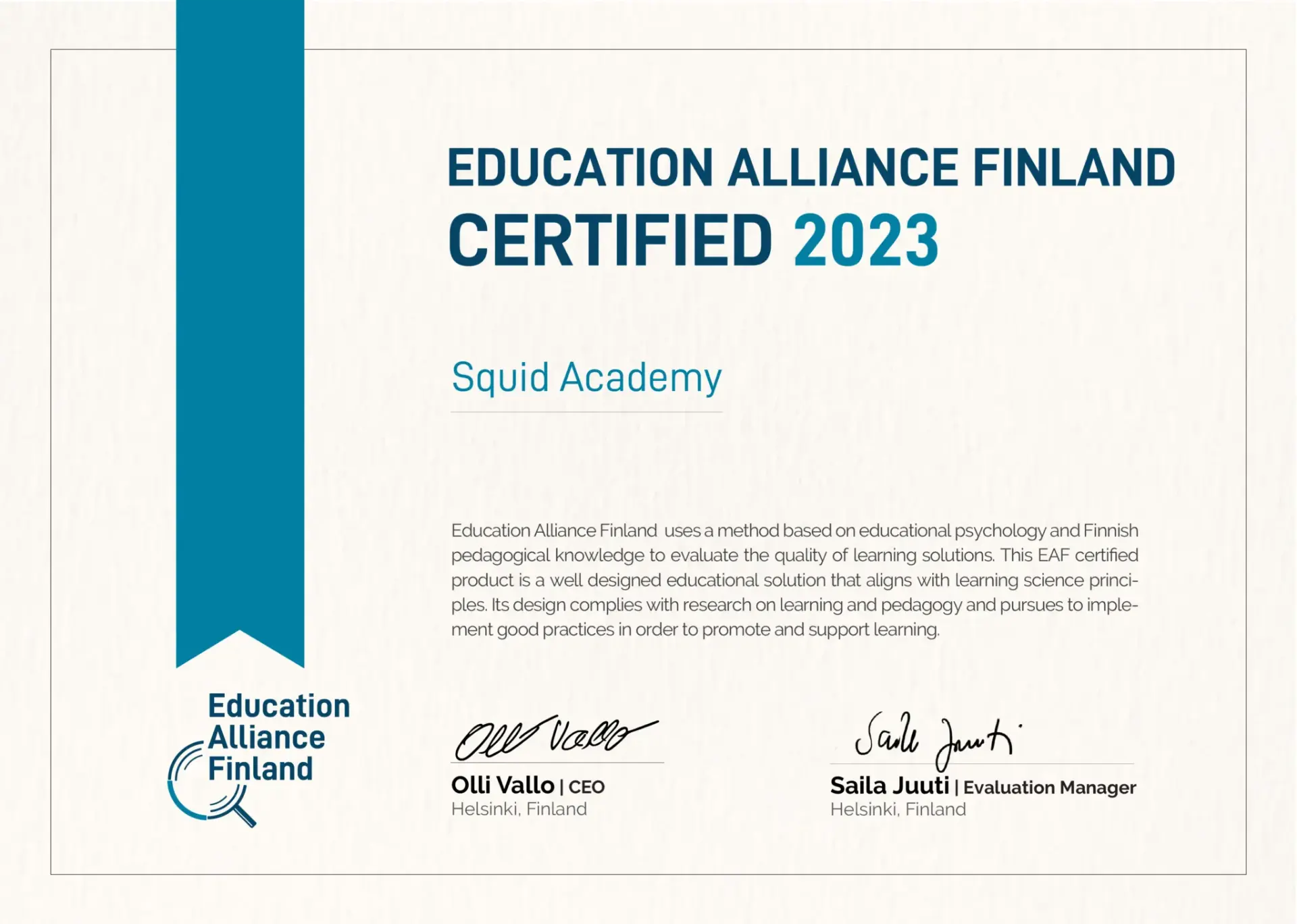 Education Alliance Finland Certificate of Quality